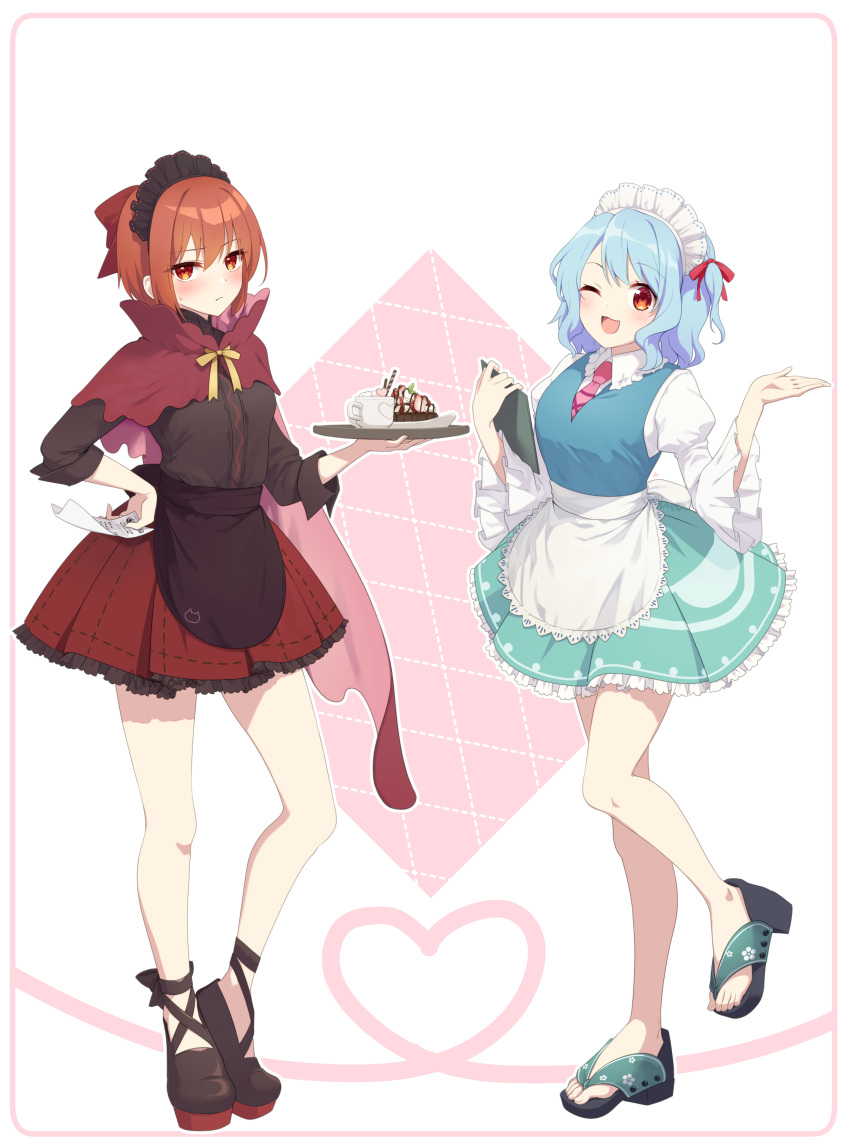 2girls :d absurdres adapted_costume alternate_costume apron aqua_skirt black_apron black_footwear black_headdress black_shirt blue_hair blue_vest blush bow cape commentary_request dessert enmaided food frilled_skirt frilled_sleeves frills fruit full_body hair_bow hand_on_own_hip hand_up heart highres holding holding_notepad holding_plate juliet_sleeves light_blue_hair long_sleeves looking_at_viewer maid maid_headdress medium_hair multiple_girls necktie nnyara notepad open_mouth pink_necktie plate puffy_sleeves receipt red_bow red_cape red_eyes red_hair red_skirt sekibanki shirt short_hair skirt sleeves_past_elbows smile strawberry sweatdrop tatara_kogasa touhou vest white_apron white_headdress wide_sleeves