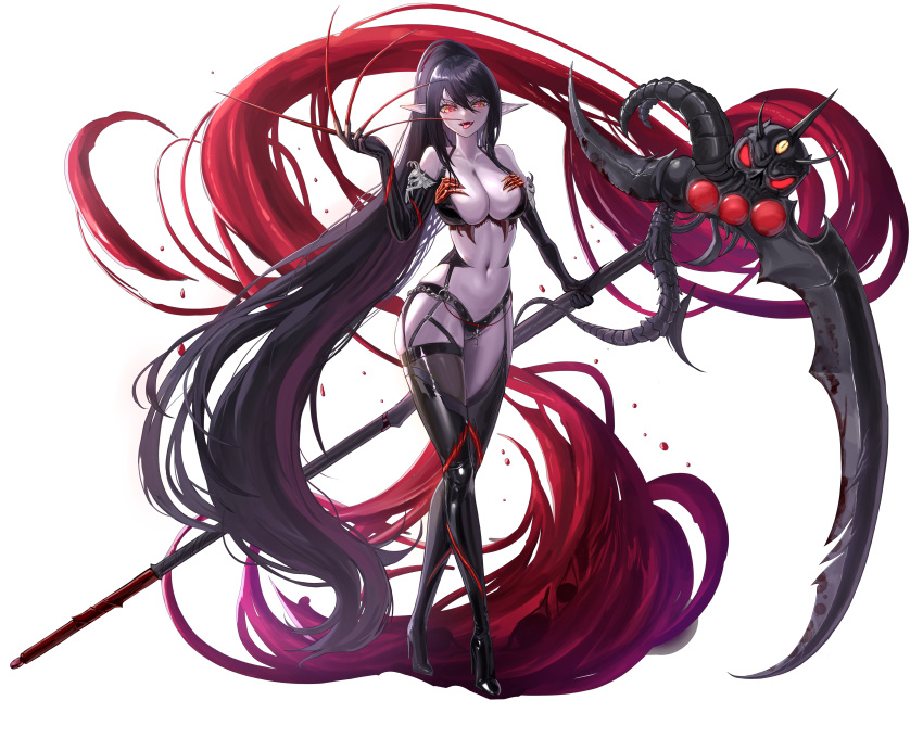 1girl absurdly_long_hair absurdres black_hair blood boots breasts colored_skin crossed_legs demon demon_girl dungeon_and_fighter elbow_gloves fangs fingernails full_body garter_straps gloves high_heel_boots high_heels highres holding holding_scythe large_breasts long_fingernails long_hair looking_at_viewer navel pointy_ears ponytail purple_skin red_eyes revealing_clothes scythe semicolon9991 sharp_fingernails solo standing thigh_boots tongue tongue_out very_long_hair watson_cross white_background
