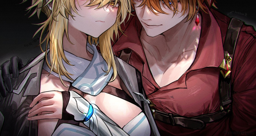 1boy 1girl black_background black_gloves blonde_hair blue_eyes breasts closed_mouth dress earrings genshin_impact gloves hair_between_eyes hair_over_eyes hand_on_another's_shoulder jacket jacket_on_shoulders jewelry keusthedoggie large_breasts looking_at_viewer lumine_(genshin_impact) orange_eyes orange_hair red_shirt shirt simple_background single_earring tartaglia_(genshin_impact) white_dress