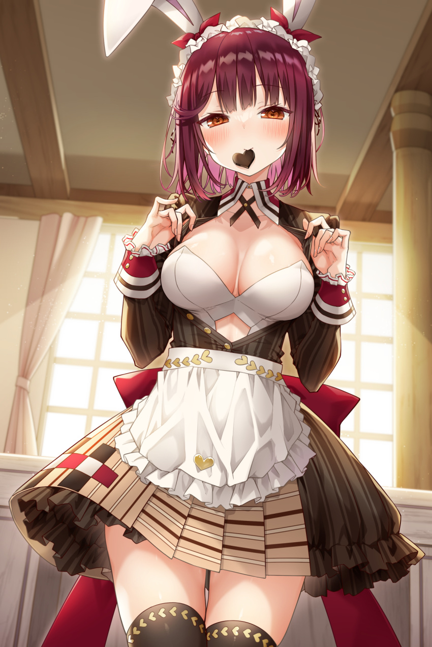 1girl alt_(ctrldel) animal_ears apron atelier_(series) atelier_sophie blush breasts brown_eyes cleavage colored_inner_hair commentary_request cutout_above_navel dress fake_animal_ears food_in_mouth frilled_apron frills hands_up highres indoors large_breasts long_sleeves looking_at_viewer maid_headdress multicolored_clothes multicolored_dress multicolored_hair pink_hair rabbit_ears red_hair short_hair solo sophie_neuenmuller waist_apron white_apron white_headdress