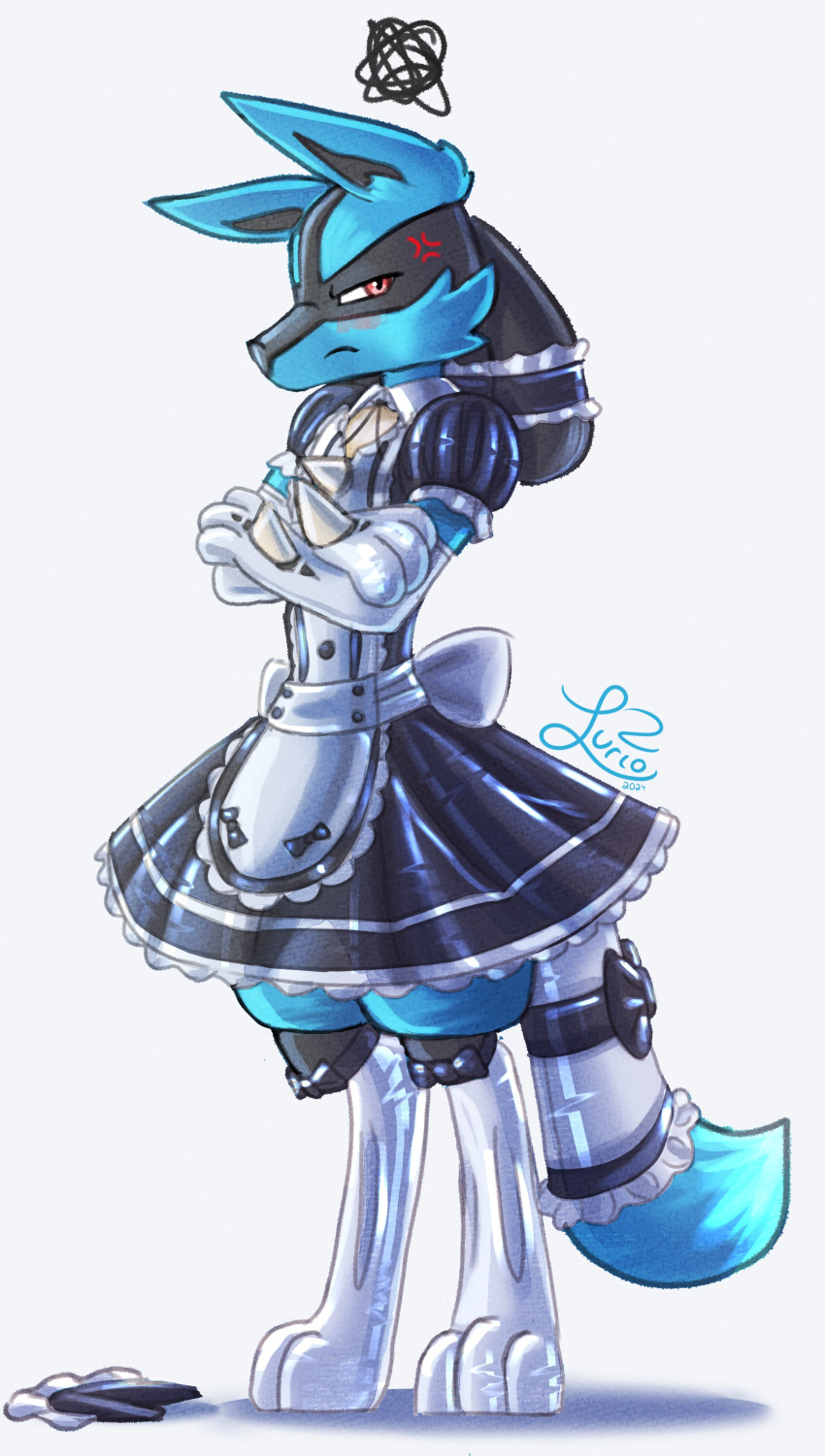 1boy absurdres annoyed apron black_dress black_fur blue_fur blush body_fur bow closed_mouth clothed_pokemon crossdressing crossed_arms dress elbow_gloves embarrassed frilled_apron frills frown furry furry_male gloves highres looking_at_viewer lucario maid maid_apron maid_headdress male_focus male_maid multicolored_fur pokemon pokemon_(creature) puffy_sleeves red_eyes snout solo spikes thighhighs unamused waist_apron white_apron white_gloves wolf_boy yellow_fur