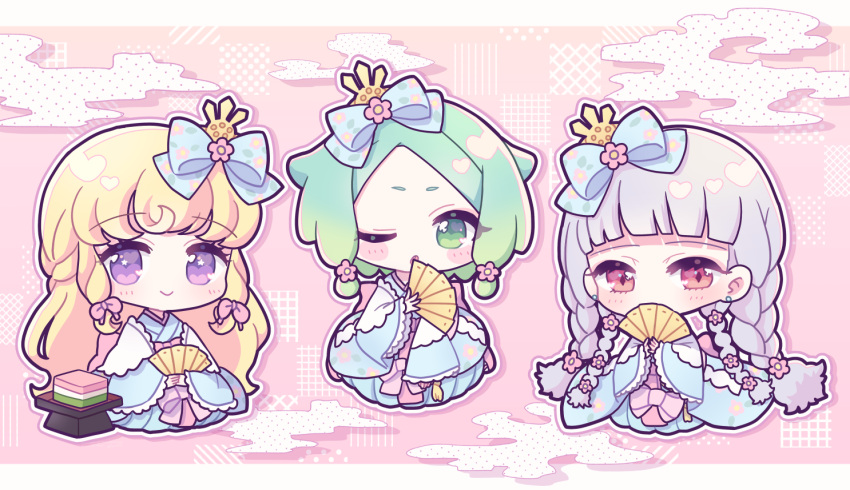 3girls blonde_hair blue_bow blue_kimono blunt_bangs bow braid chibi closed_mouth cloud earrings flower folding_fan gradient_hair green_eyes green_hair grey_hair hair_bow hair_flower hair_ornament hand_fan hinamatsuri hirabitai hishimochi holding holding_fan idol_time_pripara japanese_clothes jewelry kimono koda_michiru kokichi_yoko layered_clothes layered_kimono long_hair long_sleeves looking_at_viewer miichiru_(pripara) multicolored_hair multiple_girls nijiiro_nino one_eye_closed outline pink_background pink_flower pretty_series pripara purple_eyes red_eyes short_hair sitting smile twin_braids very_long_hair wide_sleeves yumekawa_yui