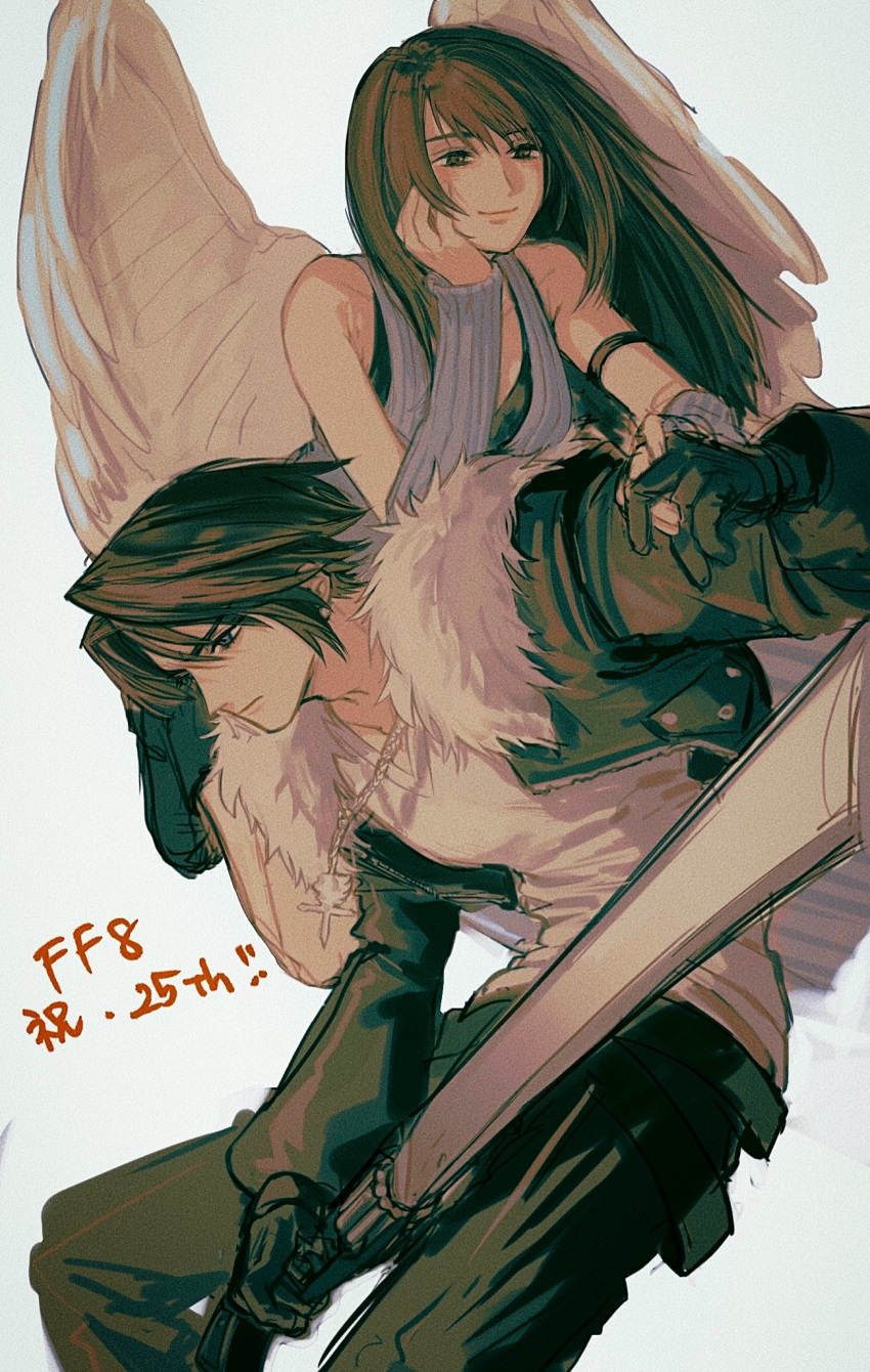 1boy 1girl arm_warmers black_gloves blue_arm_warmers brown_hair chain_necklace cropped_jacket earrings feathered_wings final_fantasy final_fantasy_viii fur-trimmed_jacket fur_trim gloves gunblade hand_on_own_cheek hand_on_own_face highres holding_hands jacket jewelry light_smile long_hair necklace nishinsobha rinoa_heartilly shirt short_hair single_earring smile squall_leonhart v-neck weapon white_background white_wings wings