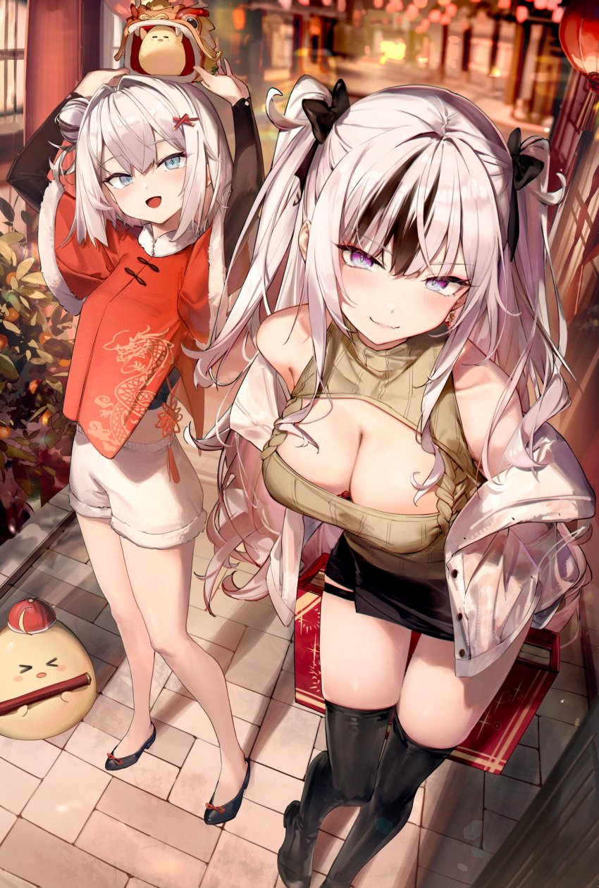 &gt;_&lt; 2girls 7gao alternate_costume architecture arms_up azur_lane bare_shoulders bird black_footwear black_hair black_ribbon black_skirt black_thighhighs blue_eyes breasts brown_sweater chick chinese_clothes cleavage cleavage_cutout closed_mouth clothing_cutout east_asian_architecture elbe_(azur_lane) elbe_(pure-hearted_bad_girl)_(azur_lane) full_body hair_bun hair_intakes hair_ornament hair_ribbon highres jacket jade_(azur_lane) large_breasts long_hair looking_at_viewer manjuu_(azur_lane) multicolored_hair multiple_girls off_shoulder official_alternate_costume open_mouth purple_eyes ribbon single_hair_bun skirt smile standing streaked_hair sweater thighhighs two_side_up white_hair white_jacket x_hair_ornament