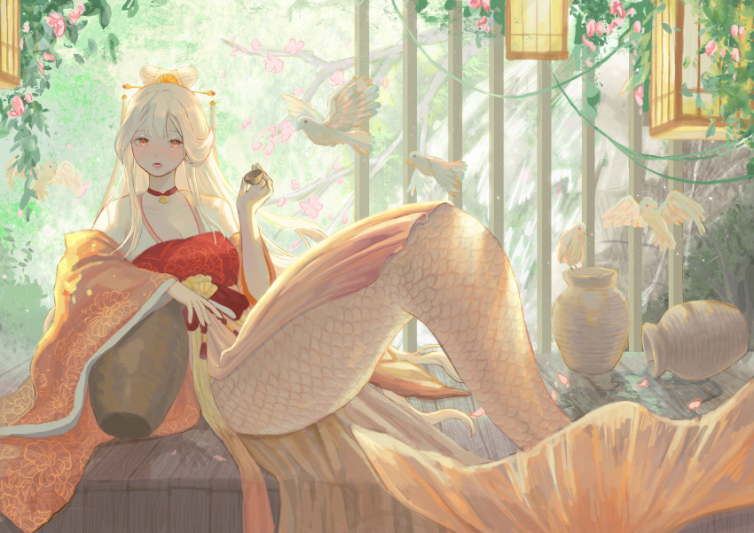 1girl absurdres bare_shoulders bird branch collarbone cup flower highres holding holding_cup lantern liliantsai0417 long_hair mermaid monster_girl orange_eyes original pink_flower sitting solo urn water waterfall white_bird white_hair