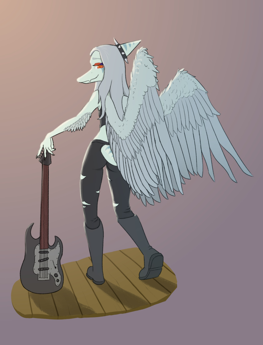 2023 5_fingers accessory amber_eyes anthro arm_feathers blue_body blue_scales bone_frill boots bottomwear butt clothed clothing colored crop_top elbow_feathers electric_guitar eyeshadow fang_(gvh) feathered_wings feathers female fingers footwear frill_(anatomy) furgonomic_headwear furgonomics goodbye_volcano_high grey_body grey_feathers guitar hair hair_accessory hairband head_crest head_frill hi_res holding_guitar looking_at_viewer looking_back looking_back_at_viewer makeup markings musical_instrument pants plantigrade plucked_string_instrument pterodactylus pterosaur reptile scales scalie shirt short_tail shrek_360_onionscope silver_hair simple_background smile smiling_at_viewer snout solo spiked_hairband standing stratocaster string_instrument striped_frill striped_markings striped_tail stripes tail tail_markings thigh_gap topwear torn_bottomwear torn_clothing torn_pants wings