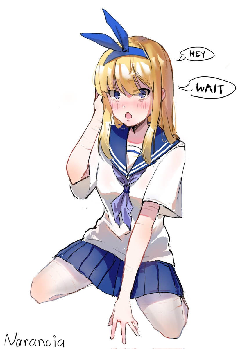 1girl alternate_costume blonde_girl_(popopoka) blonde_hair highres long_hair looking_at_viewer neckerchief open_mouth original pleated_skirt sailor_collar sailor_shirt school_uniform serafuku shirt simple_background skirt solo white_background