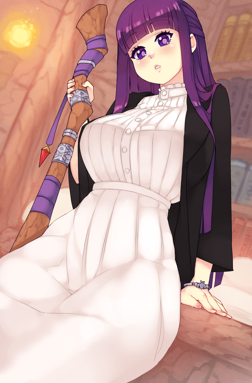 1girl absurdres black_coat blunt_bangs blush breasts coat dress fern_(sousou_no_frieren) highres holding holding_staff indoors large_breasts long_hair long_sleeves looking_at_viewer open_clothes open_coat purple_eyes purple_hair rtil solo sousou_no_frieren staff straight_hair white_dress