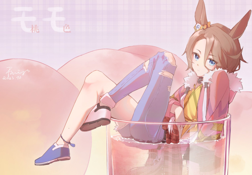 1girl animal_ears blue_eyes brown_hair ear_ornament fwing55 hair_between_eyes highres horse_girl horse_tail jacket long_sleeves narita_taishin_(umamusume) pants pink_jacket shirt short_hair sitting sitting_on_water solo tail torn_clothes torn_pants umamusume