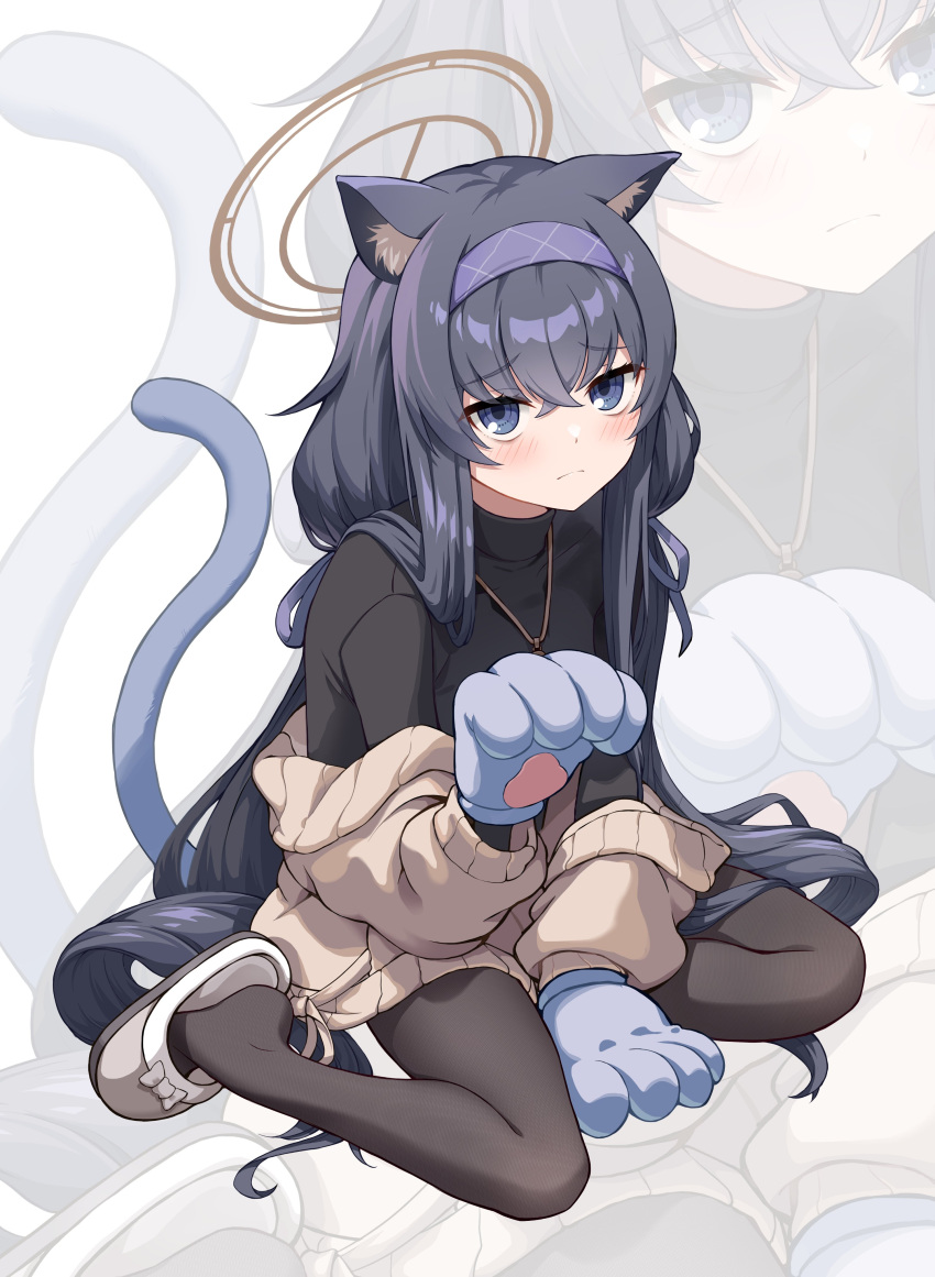 1girl absurdres animal_ear_fluff animal_ears animal_hands between_legs black_bodysuit black_pantyhose blue_archive blue_eyes blue_hair blush bodysuit brown_cardigan brown_halo cardigan cat_ears cat_tail closed_mouth crossed_bangs gloves hairband hand_between_legs highres long_hair looking_at_viewer low_twintails pantyhose paw_gloves paw_pose purple_hairband sitting slippers solo tail twintails ui_(blue_archive) very_long_hair wariza white_background yeogpu_(seung832222) zoom_layer