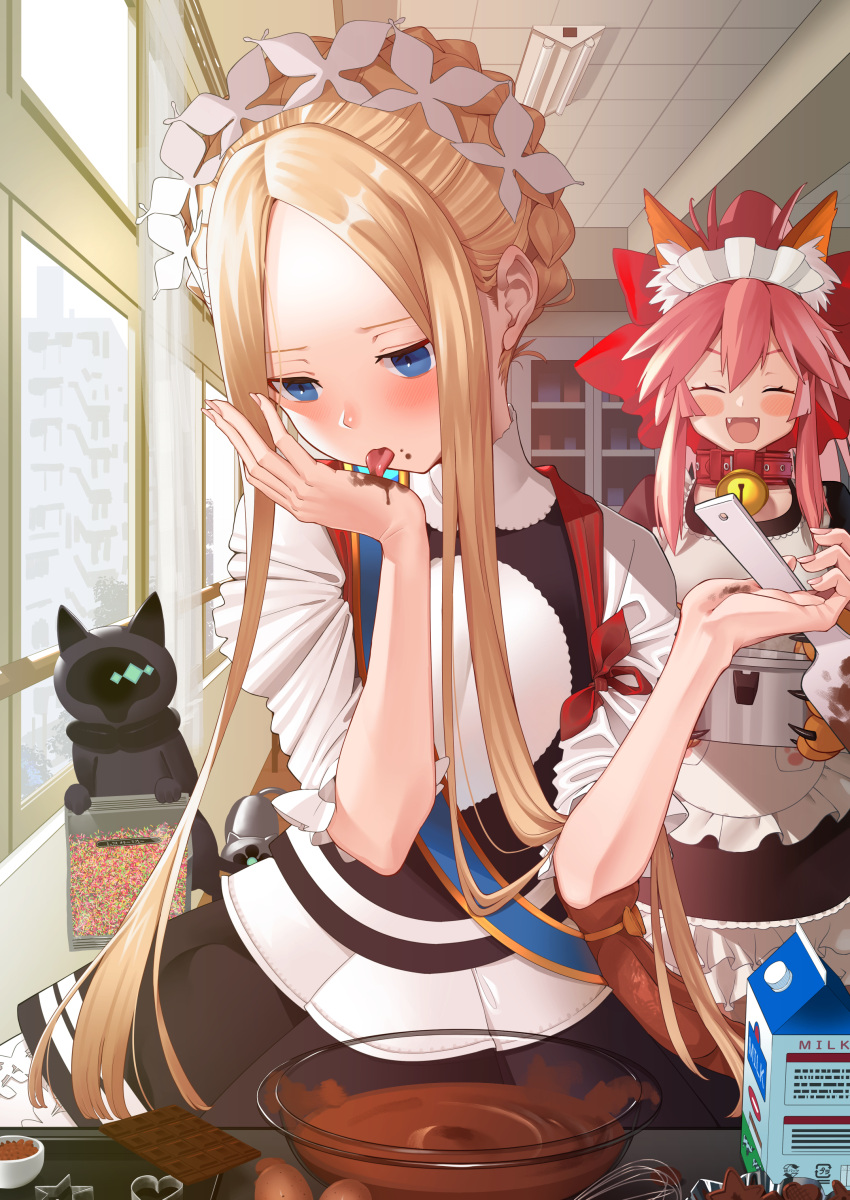 2girls abigail_williams_(fate) abigail_williams_(festival_outfit)_(fate) absurdres alternate_costume animal_ear_fluff animal_ears animal_hands apron bell black_dress black_skirt blonde_hair blue_eyes blush bow braid breasts cat chocolate closed_eyes collar dress enmaided fate/extra fate/grand_order fate_(series) forehead fox_ears fox_girl french_braid frills gloves hair_between_eyes hair_bow highres jingle_bell keyhole large_breasts layered_skirt long_hair maid maid_headdress milk_carton mixing_bowl multiple_girls neck_bell open_mouth parted_bangs paw_gloves pink_hair ponytail puffy_short_sleeves puffy_sleeves red_bow sash shiro_ami short_sleeves sidelocks skirt sleeves_past_fingers sleeves_past_wrists small_breasts smile tamamo_(fate) tamamo_cat_(fate) tamamo_cat_(second_ascension)_(fate) tongue tongue_out very_long_hair white_apron white_dress window