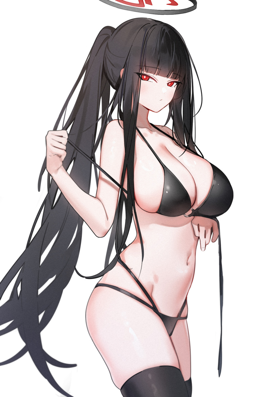 1girl bare_shoulders bikini black_bikini black_hair black_thighhighs blue_archive blunt_bangs blush breasts cleavage collarbone halo highres large_breasts long_hair looking_at_viewer navel ponytail red_eyes rio_(blue_archive) silver_(chenwen) solo swimsuit thighhighs thighs