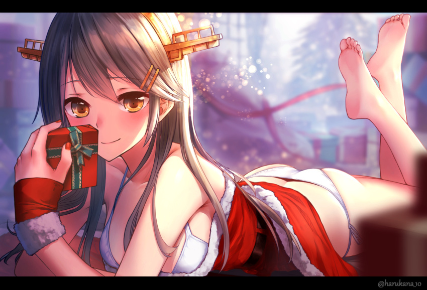 anthropomorphism ass barefoot bra breasts brown_hair christmas harukana_(harukana_10) haruna_(kancolle) kantai_collection long_hair orange_eyes panties santa_costume underwear watermark