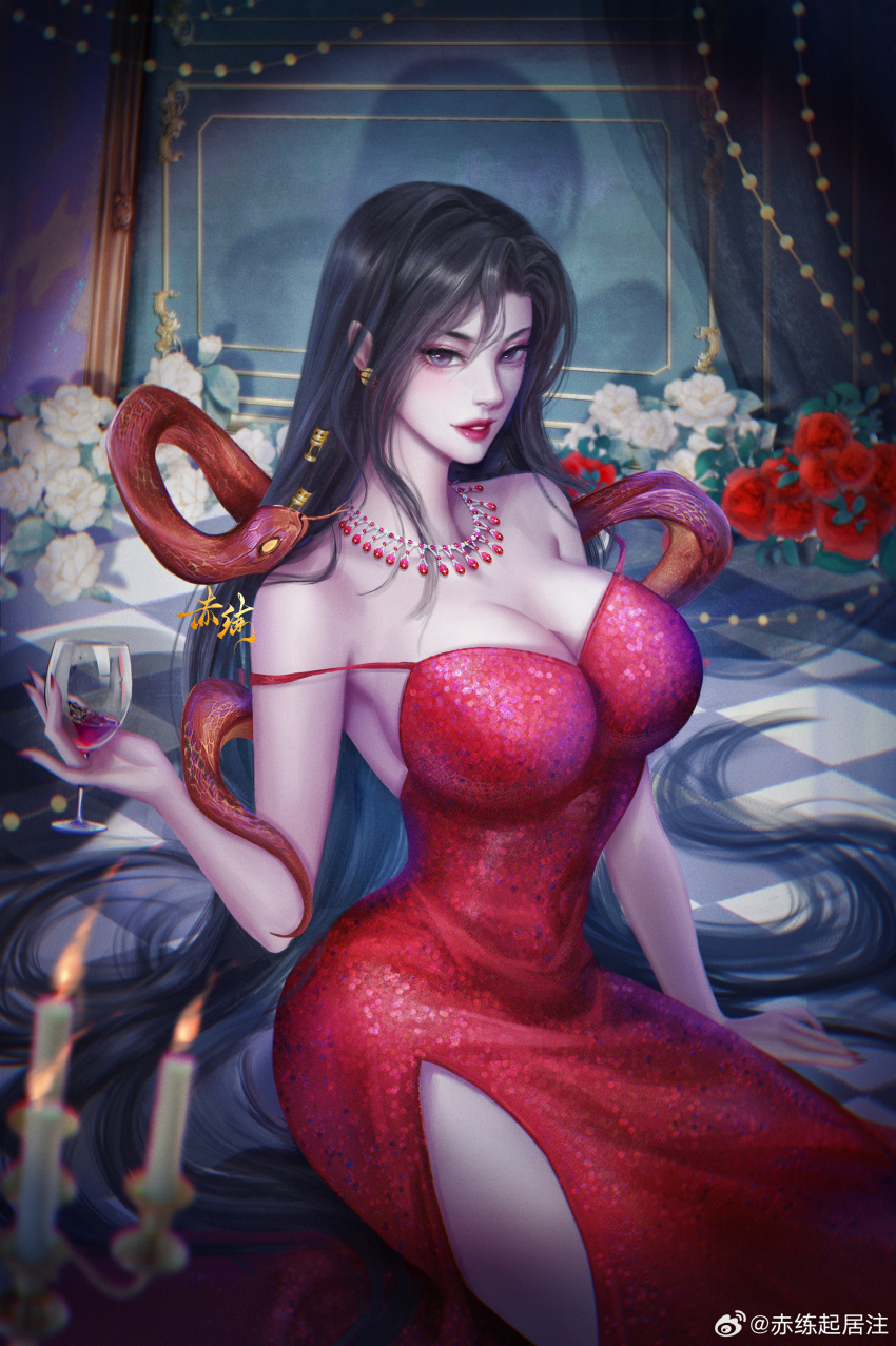 1girl absurdres alcohol bare_shoulders black_hair breasts candle checkered_floor chi_lian_(qinshi_mingyue) cup dress earrings evening_gown flower grey_eyes highres holding holding_cup jewelry large_breasts long_hair necklace off-shoulder_dress off_shoulder on_floor parted_lips qinshi_mingyue red_dress red_flower second-party_source shadow sitting snake solo teeth white_flower wine