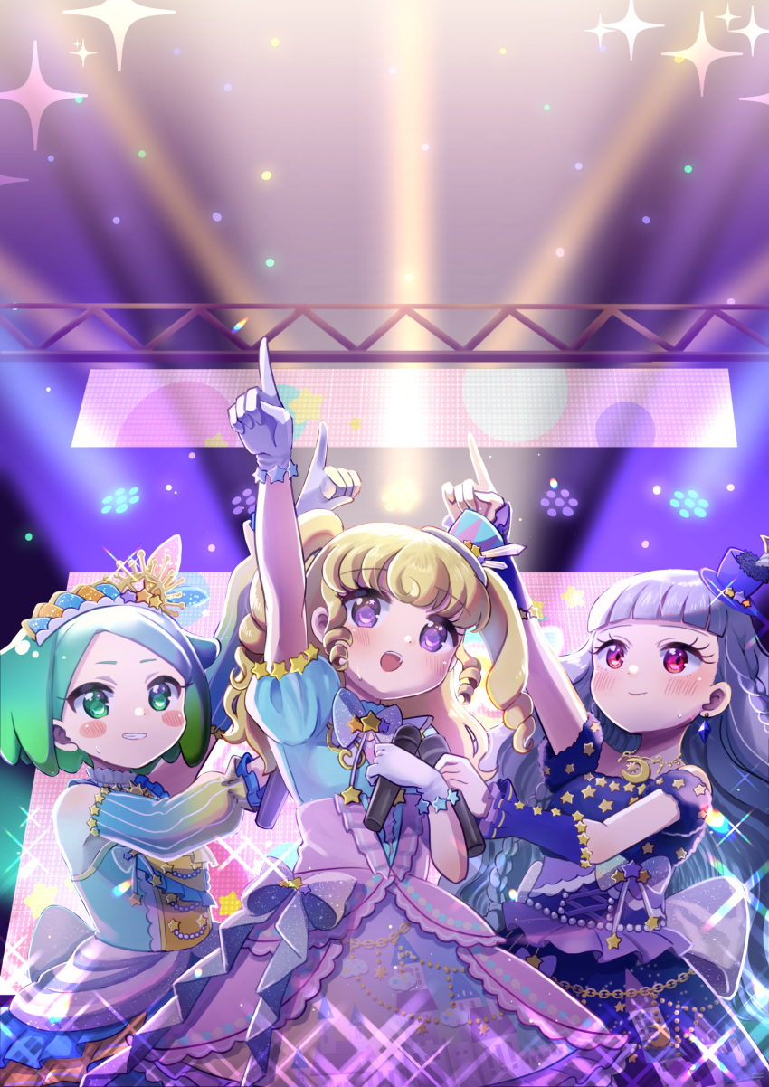 3girls :d arm_up blonde_hair blue_dress blue_hair blunt_bangs blush closed_mouth dress earrings frilled_dress frills gloves gradient_hair green_eyes green_hair grey_hair hat highres holding holding_microphone idol idol_clothes idol_time_pripara index_finger_raised jewelry koda_michiru kokichi_yoko long_hair looking_up microphone miichiru_(pripara) mini_hat mini_top_hat multicolored_hair multiple_girls nijiiro_nino open_mouth outstretched_arm pointing pointing_up pretty_series pripara purple_eyes red_eyes short_hair short_sleeves smile sparkle stage stage_lights standing top_hat two_side_up very_long_hair wavy_hair white_gloves yumekawa_yui