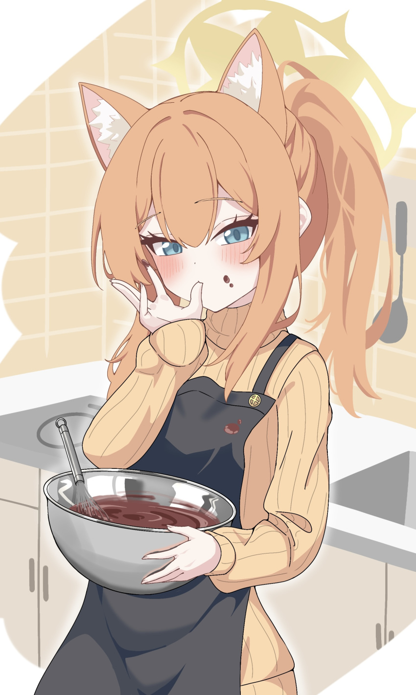 1girl absurdres animal_ear_fluff animal_ears apron black_apron blue_archive blue_eyes blush chocolate extra_ears fingernails hair_between_eyes halo highres indoors long_hair long_sleeves looking_at_viewer mari_(blue_archive) mixing_bowl orange_hair orange_sweater solo sweater warabi_mochi_(w4rabimochi) whisk yellow_halo