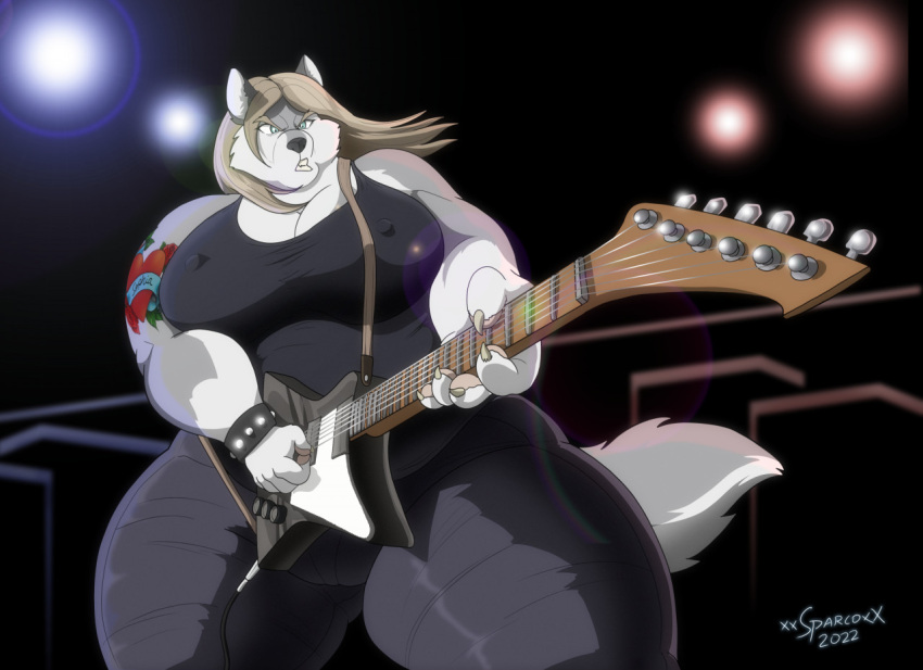 2022 anthro arm_tattoo artist_name belly big_breasts bottomwear breasts brown_hair canid canine canis clothing digital_media_(artwork) electric_guitar female fur grey_body grey_fur guitar hair heart_tattoo huge_breasts mammal multicolored_body multicolored_fur musical_instrument nipple_outline overweight overweight_anthro overweight_female pants plucked_string_instrument shirt solo sophia_(xxsparcoxx) string_instrument tattoo teeth thick_thighs topwear two_tone_body two_tone_fur wolf xxsparcoxx