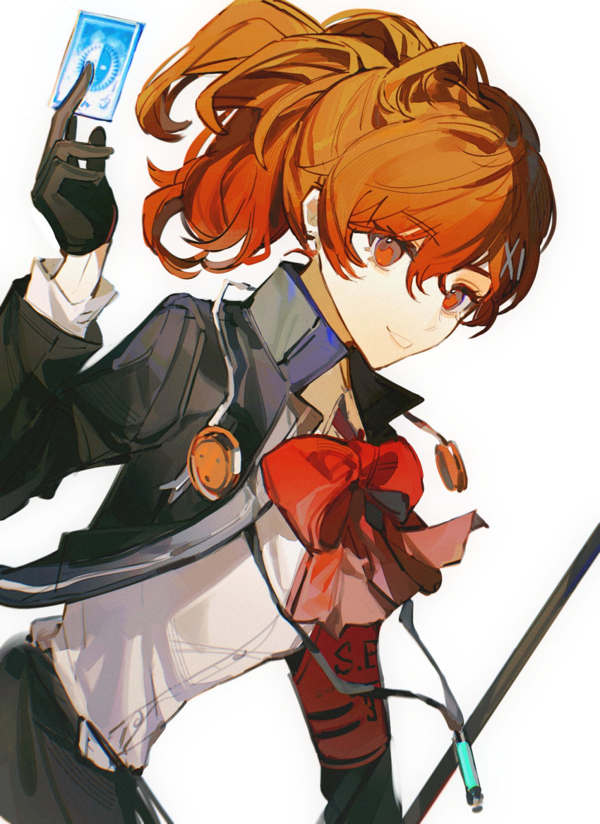 1girl arm_up armband black_jacket black_skirt bow bowtie brown_hair card digital_media_player elbow_gloves gloves gradient_hair hair_between_eyes hair_ornament hairclip headphones headphones_around_neck highres hikawayunn holding holding_card jacket long_sleeves looking_at_viewer multicolored_hair orange_hair persona persona_3 persona_3_portable ponytail red_armband red_bow red_bowtie red_eyes red_hair shiomi_kotone shirt simple_background skirt solo white_background white_shirt