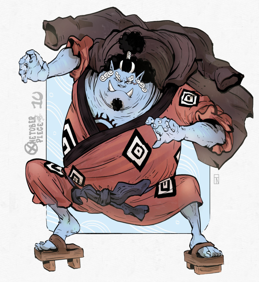 1boy black_hair blue_skin cape chest_tattoo colored_skin copyright_name english_commentary facial_hair fish_boy geta goatee half_updo highres hood hooded_cape iago_fn japanese_clothes jinbe_(one_piece) kimono looking_at_viewer male_focus one_piece sash solo tattoo thick_eyebrows webbed_hands