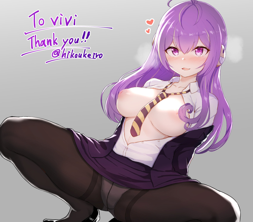 1girl black_footwear black_pantyhose blush breasts breasts_out breath commentary commission english_commentary english_text formal grey_background headphones heart highres hikoukeiro indie_virtual_youtuber inverted_nipples long_hair medium_breasts necktie nipples open_clothes open_mouth open_shirt panties panties_visible_through_clothes pantyhose purple_eyes purple_hair radiation_symbol red_necktie second-party_source shirt simple_background skeb_commission smiley_face solo squatting striped_necktie suit symbol-shaped_pupils twitter_username underwear virtual_youtuber vividly_vivi white_panties white_shirt yellow_necktie