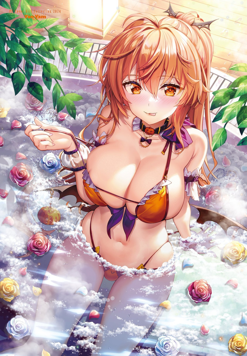 1girl :p bathing bikini black_choker breasts choker cleavage collarbone comic_penguin_club demon_wings floating flower frilled_bikini frills hair_between_eyes highres hot_tub large_breasts leaf licking_lips long_hair looking_at_viewer navel non-web_source orange_bikini orange_eyes orange_hair original partially_submerged petals petals_on_liquid ponytail pumpkin_choker sitting solo swimsuit tongue tongue_out wet wings yan-yam