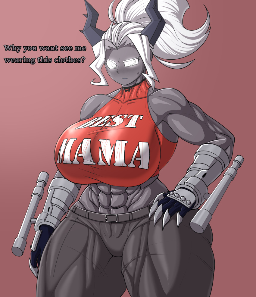 abs absurd_res big_breasts blush bottomwear breasts claw_gloves clothing da_ra_ra_ra demon demon_humanoid eyelashes female glowing glowing_eyes grey_body grey_bottomwear grey_clothing grey_horn grey_pants grey_skin hair hand_on_hip helltaker hi_res horn horned_humanoid huge_breasts humanoid judgement_(helltaker) looking_at_viewer muscular muscular_female navel open_mouth pants pink_background red_clothing red_topwear simple_background solo talking_to_viewer text text_on_clothing text_on_topwear thick_thighs topwear white_eyes white_hair wide_hips
