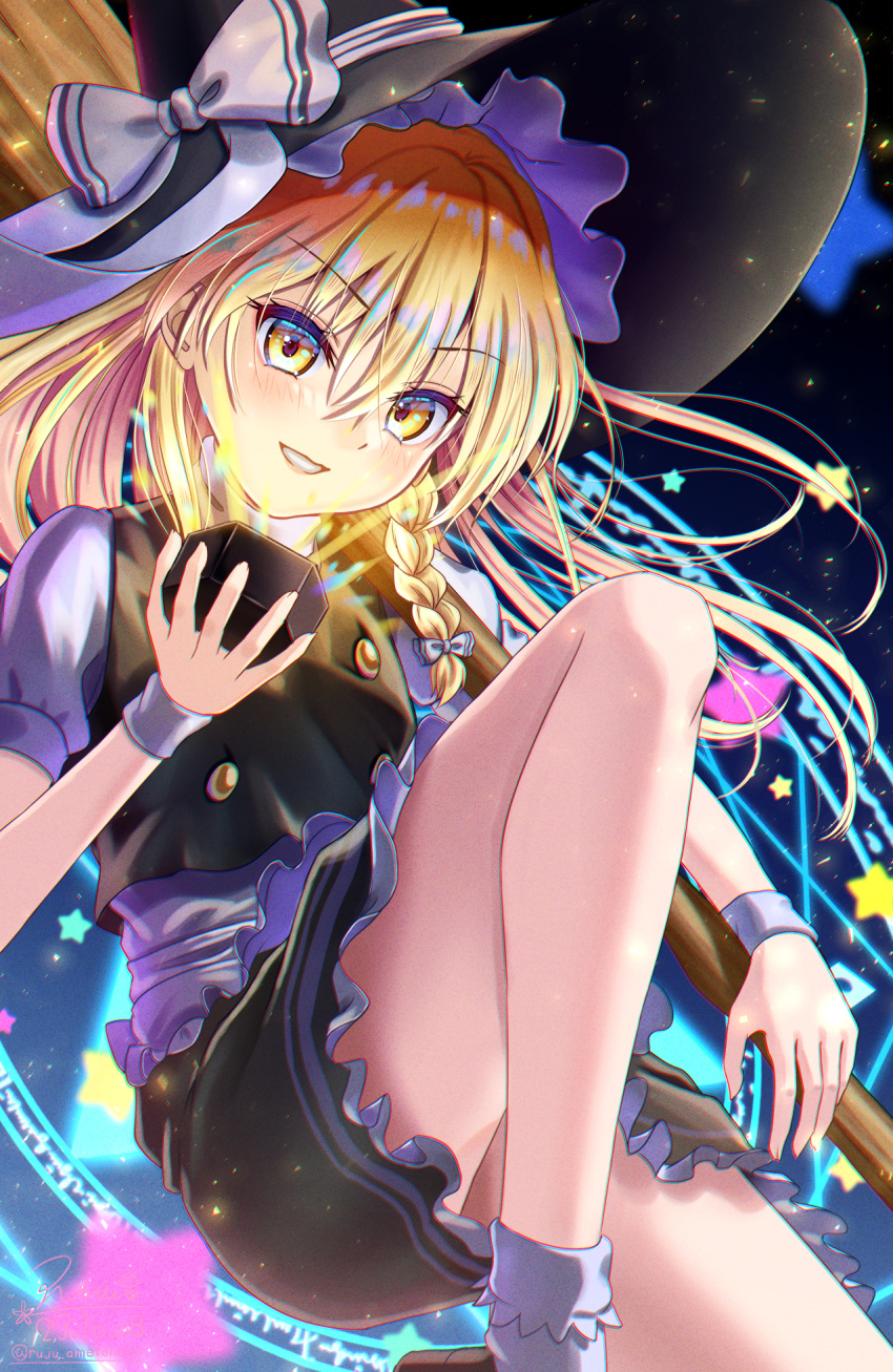 1girl black_vest blonde_hair blush bow braid broom commentary glowing hair_bow hat hat_bow highres kirisame_marisa long_hair looking_at_viewer magic_circle mini-hakkero open_mouth rouge_(my_rouge) short_sleeves side_braid single_braid smile solo star_(symbol) touhou vest white_bow witch_hat wrist_cuffs yellow_eyes