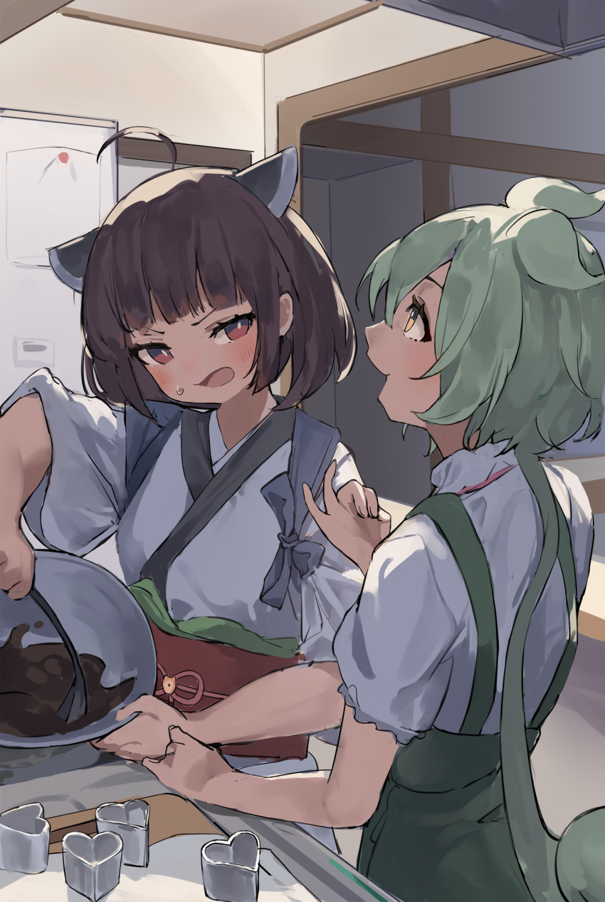 2girls ahoge architecture blush bowl brown_hair chocolate_making chocolate_mold east_asian_architecture finger_counting frown glaring green_hair hand_up headgear highres holding holding_bowl indoors japanese_clothes kimono kitchen long_hair looking_at_another looking_up low_ponytail medium_hair mixing_bowl multiple_girls obi obiage obijime open_mouth pocche-ex puffy_short_sleeves puffy_sleeves red_eyes sash shirt short_sleeves sleeves_rolled_up smile suspenders sweatdrop tasuki touhoku_kiritan v-shaped_eyebrows voiceroid voicevox white_kimono white_shirt zundamon