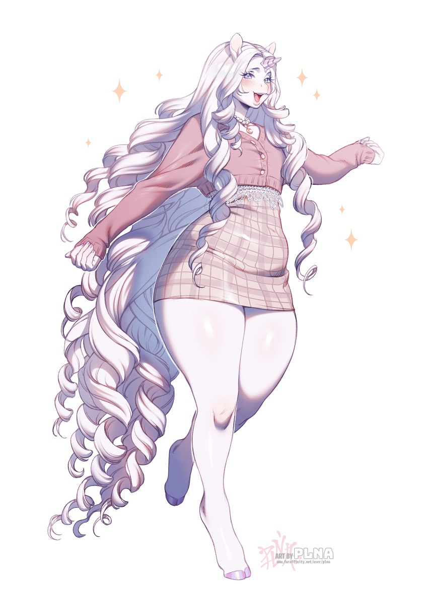 1_horn anthro biped clothed clothing equid equine eyebrows female hair hi_res hooves horn long_hair mammal open_mouth open_smile plna simple_background smile solo thick_thighs unicorn white_background