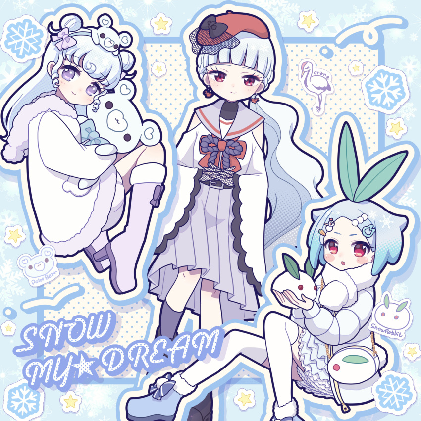 3girls alternate_costume alternate_hair_color bird blue_background blue_footwear blunt_bangs boots bow closed_mouth coat crane_(animal) double_bun full_body fur-trimmed_boots fur-trimmed_coat fur_trim green_bow grey_sailor_collar grey_skirt group_name hair_bun hair_ornament highres hugging_object idol_time_pripara knees_up koda_michiru kokichi_yoko leaf_hair_ornament long_hair long_sleeves looking_at_viewer low_ponytail miichiru_(pripara) multiple_girls nijiiro_nino open_mouth outline own_hands_together pleated_skirt pretty_series pripara purple_eyes red_eyes sailor_collar scarf skirt smile snow_rabbit snowflakes star_(symbol) stuffed_animal stuffed_toy teddy_bear thighhighs very_long_hair white_coat white_hair white_outline white_scarf white_thighhighs wide_sleeves winter_clothes yumekawa_yui