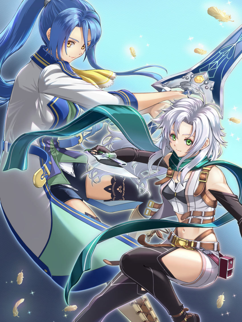 2girls belt_pouch black_gloves black_thighhighs blue_hair boots chiga_akira coat crop_top cropped_jacket eiyuu_densetsu elbow_gloves falling_feathers feathers fie_claussell floating_hair gloves green_eyes gunblade highres holding holding_weapon huge_weapon laura_s._arseid long_hair looking_at_viewer multiple_girls ponytail pouch scarf sen_no_kiseki sen_no_kiseki_iii shorts sidelocks smile sword thighhighs weapon white_hair yellow_eyes