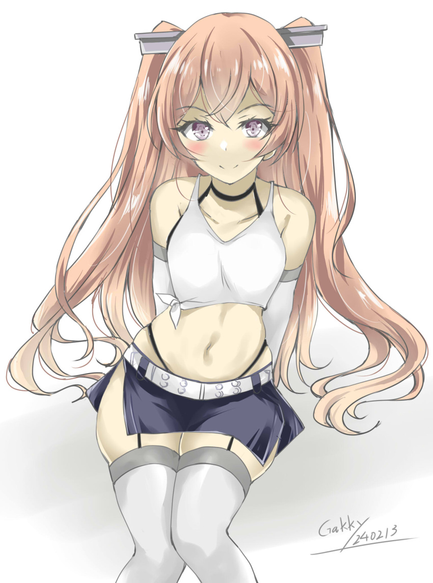 1girl black_panties black_skirt brown_eyes collarbone feet_out_of_frame gakky headgear highleg highleg_panties highres johnston_(kancolle) kantai_collection light_brown_hair long_hair navel official_alternate_costume one-hour_drawing_challenge panties simple_background sitting skirt smile solo tank_top thighhighs two_side_up underwear white_background white_tank_top white_thighhighs