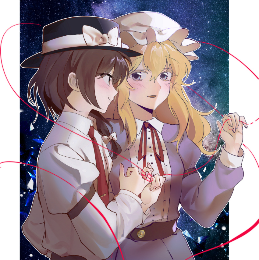 2girls absurdres blonde_hair blush bow brown_eyes brown_hair dress hat hat_bow highres long_hair looking_at_another maribel_hearn mob_cap multiple_girls necktie parted_lips purple_eyes school_uniform sky smile space star_(sky) starry_sky string string_of_fate touhou usami_renko yoi_(user_auxa3535) yuri
