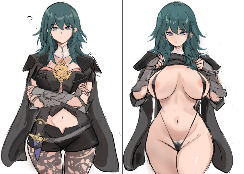 1girl ? areola_slip armlet armor bikini black_bikini black_cape blue_eyes blue_hair bodice breasts bustier byleth_(female)_(fire_emblem) byleth_(fire_emblem) cape cleavage closed_mouth clothing_cutout commentary crossed_arms dagger dark_blue_hair female_pubic_hair fire_emblem fire_emblem:_three_houses flashing gauntlets green_eyes hair_between_eyes highres knife large_breasts lifted_by_self long_hair looking_at_viewer multiple_girls multiple_views navel navel_cutout pantyhose pantyhose_under_shorts patterned_legwear pubic_hair purple_eyes rakeemspoon shorts shoulder_armor simple_background split_screen standing stomach swimsuit tassel turtleneck underwear vambraces weapon white_background