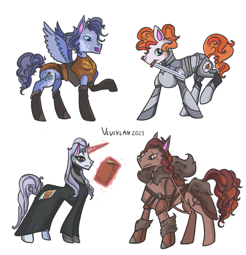 2023 4_legs armor black_boots black_clothing black_eyes black_footwear blue_body blue_eyes blue_hair book boots bow_(weapon) brown_body brown_clothing brown_eyes brown_topwear cahara clothing colored cutie_mark d'arce earth_pony enki_(fear_&amp;_hunger) equid equine fear_and_hunger female feral footwear freckles friendship_is_magic fur_coat green_eyes grey_hair group hair hasbro hi_res hooves horn horse levitating_object levitation long_hair looking_at_viewer looking_away magic magic_user male mammal melee_weapon my_little_pony orange_hair pegasus pink_inner_ear pony ragnvaldr ranged_weapon red_hair robe scar shield short_hair signature simple_background sword sword_in_mouth tan_body topwear unicorn vlulxlan weapon white_background wings