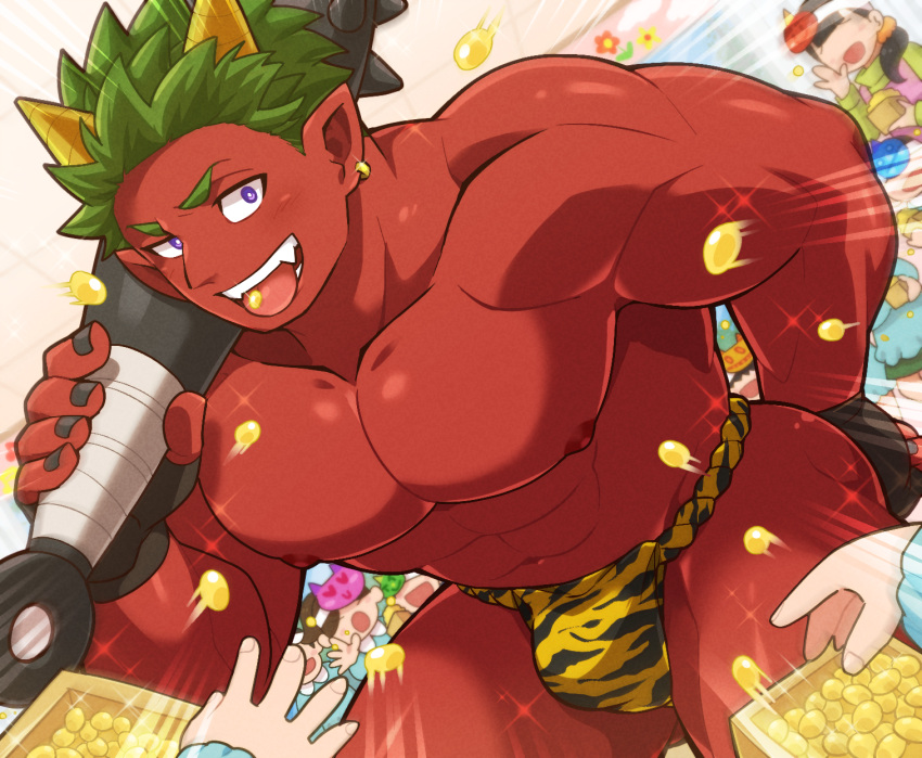 abs animal_print aopanda bara black_gloves black_nails bright_pupils bulge club_(weapon) collarbone colored_skin cone_horns earrings faceless fang fingerless_gloves fundoshi gloves green_hair highres holding holding_weapon horns japanese_clothes jewelry kanabou kindergarten_uniform large_pectorals male_focus mamemaki masu muscular muscular_male nipples original pectorals pointy_ears purple_eyes red_skin setsubun single_earring soybean tiger_print tongue tongue_out topless_male v-shaped_eyebrows weapon white_pupils yellow_horns