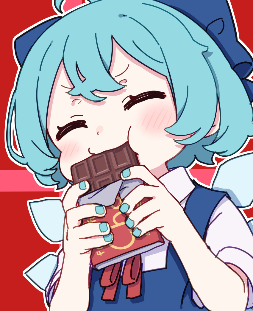 1girl absurdres blue_bow blue_dress blue_hair blue_nails blush bow chocolate cirno closed_eyes collared_shirt dress eating fairy fingernails food hair_bow highres holding holding_chocolate holding_food ice ice_wings kame_(kamepan44231) nail_polish pinafore_dress shirt short_hair short_sleeves sleeveless sleeveless_dress solo touhou white_shirt wings