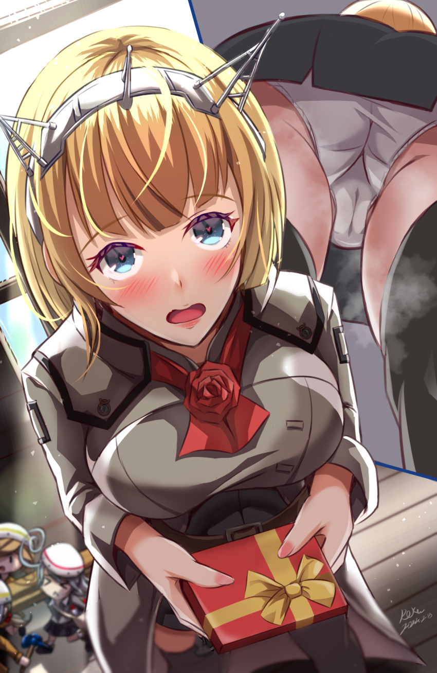 4girls ascot ass belt black_belt black_thighhighs blonde_hair blue_eyes breasts cameltoe fairy_(kancolle) flower headgear heart heart_in_eye highres kantai_collection large_breasts long_sleeves looking_at_viewer military_uniform mini_person minigirl multiple_girls multiple_views neck_flower open_mouth panties red_ascot red_flower red_rose rodney_(kancolle) roku_(roku28) rose short_hair size_difference symbol_in_eye thighhighs underwear uniform valentine white_panties