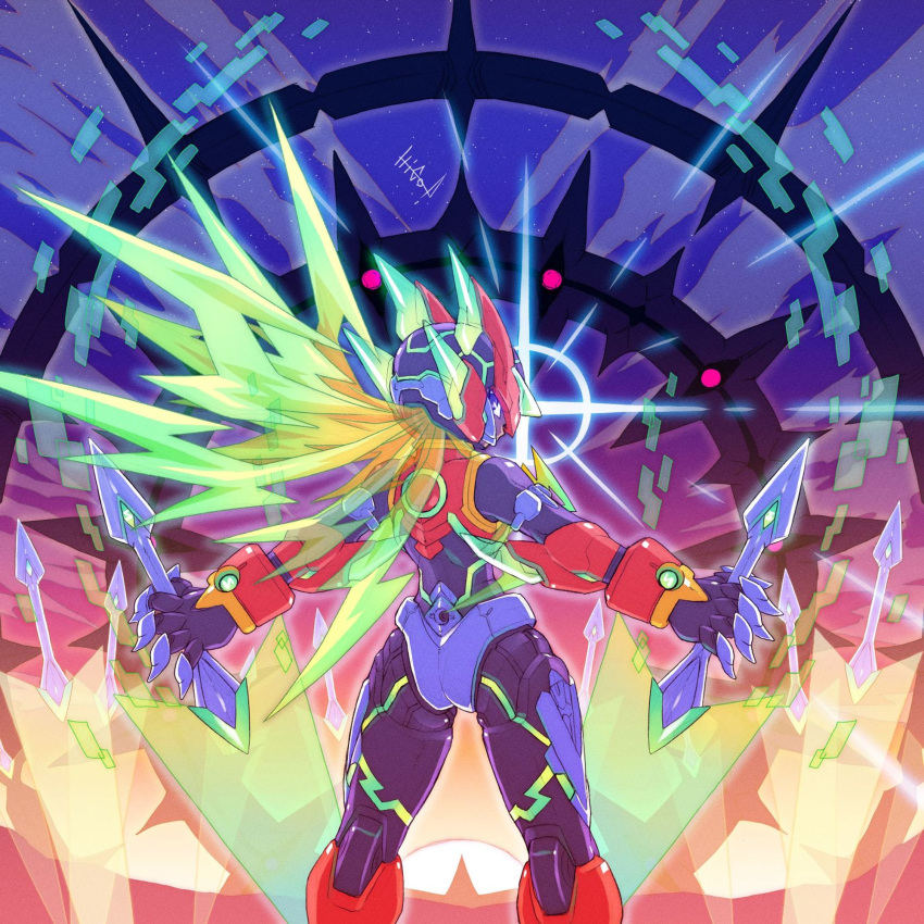 1boy adapted_costume artist_name blonde_hair dual_wielding energy_sword from_behind helmet hi-go! highres holding holding_sword holding_weapon long_hair looking_at_viewer looking_back mega_man_(series) mega_man_zero_(series) multiple_swords signature solo sword weapon zero(z)_(mega_man) zero_(mega_man)