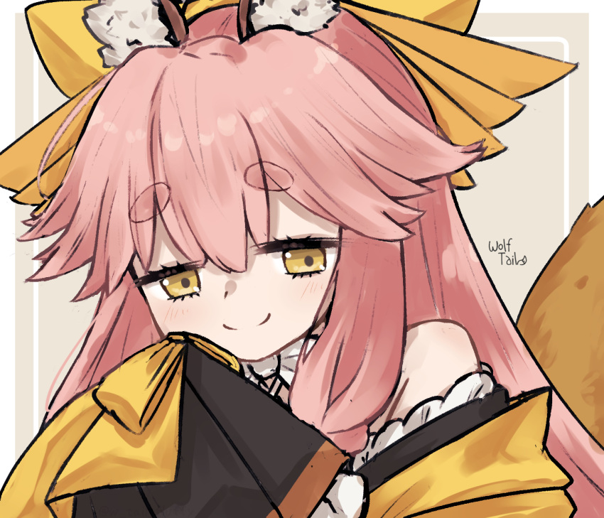 1girl animal_ear_fluff animal_ears border bow bowtie brown_background closed_mouth fate/samurai_remnant fate_(series) fox_ears hair_bow highres japanese_clothes kimono long_hair looking_at_viewer pink_hair portrait signature simple_background smile solo tamamo_(fate) tamamo_aria_(fate) w_tail_fluffy white_border white_bow white_bowtie yellow_bow yellow_kimono