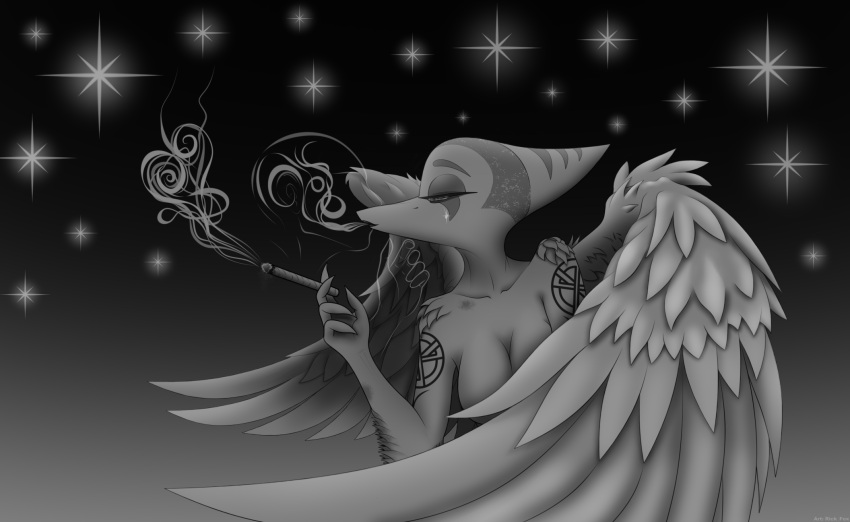 5_fingers anthro arm_feathers arm_tattoo big_wings blowing_smoke bone_frill breasts cigarette cigarette_smoke cleavage clothed clothing cosmic_background detailed_background fang_(gvh) feathered_wings feathers female fingers frill_(anatomy) goodbye_volcano_high head_crest head_frill hi_res monochrome nude pterodactylus pterosaur reptile rick_fox scalie shaved_head shoulder_tuft sky smoke smoking smoking_cigarette snoot_game snout solo star starry_background starry_sky tattoo tuft wings