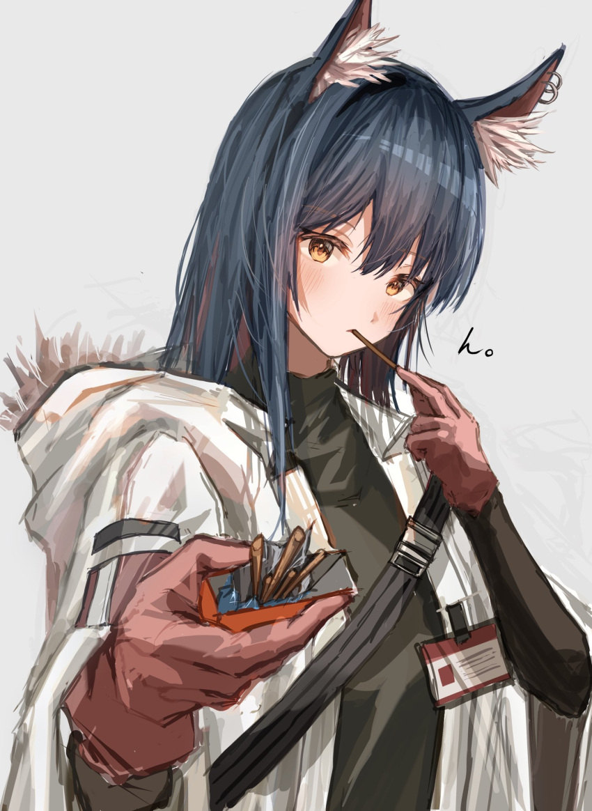 1girl animal_ear_fluff animal_ears arknights black_hair breasts donata_(donatasama) gloves hair_between_eyes highres holding jacket long_hair long_sleeves looking_at_viewer red_hair shirt simple_background solo texas_(arknights) wolf_ears wolf_girl