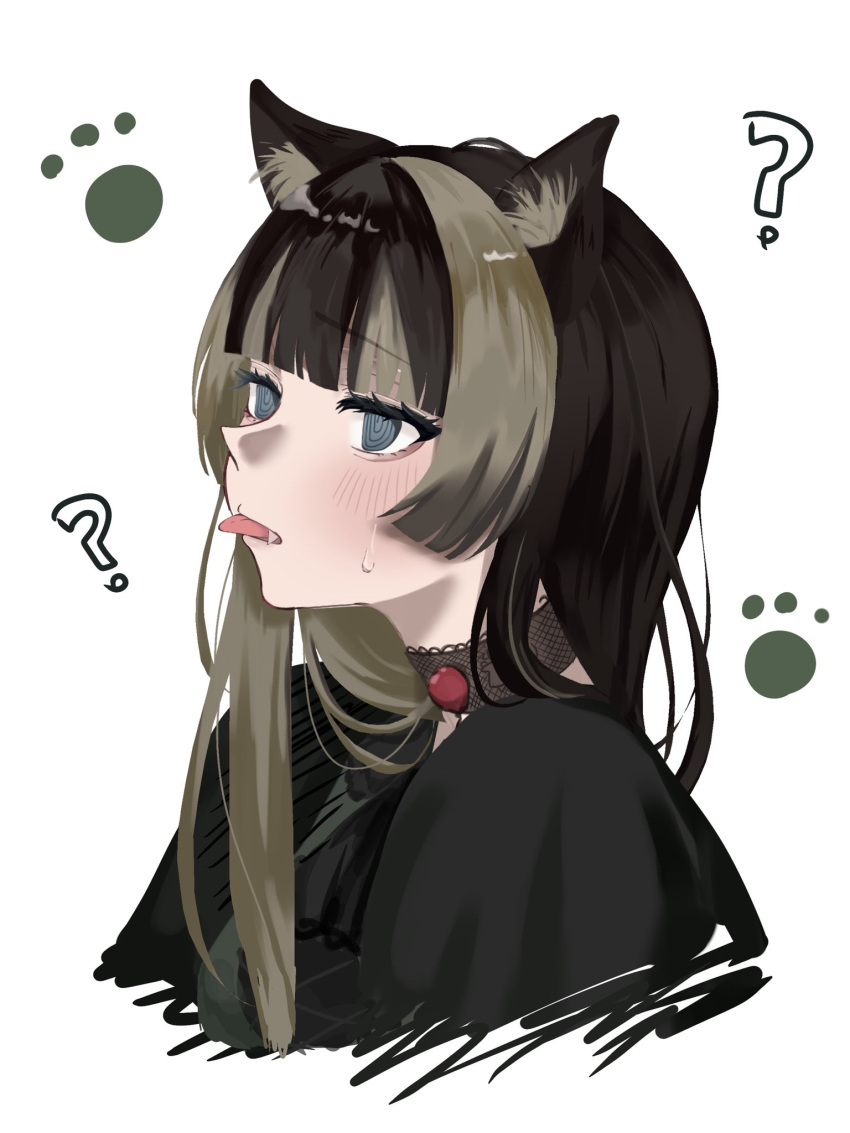 1girl ? @_@ animal_ears black_choker black_dress black_hair blue_eyes blunt_bangs blush cat_ears cat_girl choker dress fang gothic_lolita grey_hair hair_over_shoulder highres hololive hololive_dev_is juufuutei_raden lace lace-trimmed_choker lace_choker lace_trim lolita_fashion long_hair multicolored_hair nnc_kwii paw_print sidelocks simple_background solo streaked_hair sweat sweatdrop two-tone_hair virtual_youtuber white_background