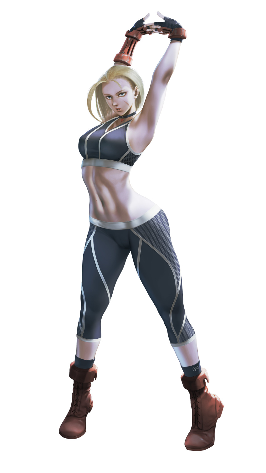 1girl 21yc_(september_breeze) absurdres black_pants black_sports_bra blonde_hair blue_eyes breasts cammy_white fingerless_gloves gloves highres large_breasts midriff navel pants parted_lips red_footwear scar scar_on_face simple_background solo sports_bra stomach street_fighter stretching tachi-e white_background yoga_pants