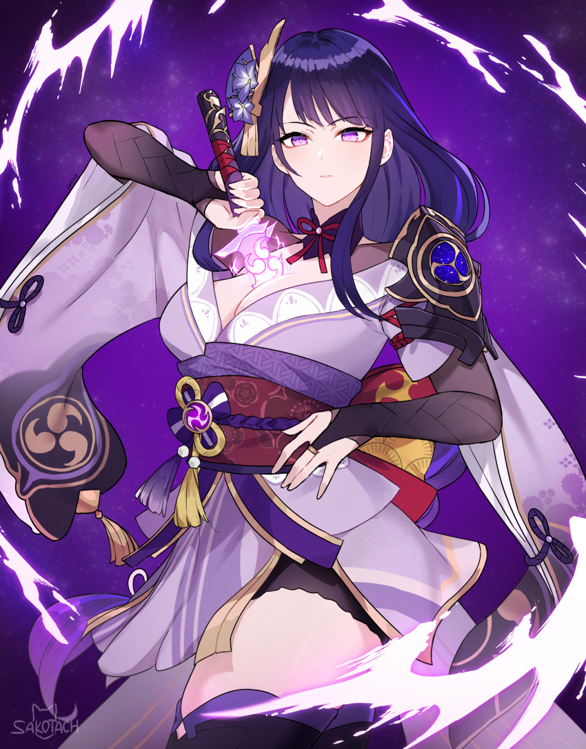 1girl absurdres braid braided_ponytail breasts bridal_gauntlets cleavage drawing_sword electricity flower genshin_impact gradient_background hair_ornament highres holding holding_sword holding_weapon human_scabbard japanese_clothes kimono large_breasts long_hair long_sleeves looking_at_viewer low-braided_long_hair mitsudomoe_(shape) mole mole_under_eye musou_isshin_(genshin_impact) obi purple_background purple_eyes purple_flower purple_hair purple_kimono purple_nails raiden_shogun sakotach sash serious solo sword thick_thighs thighhighs thighs tomoe_(symbol) very_long_hair weapon