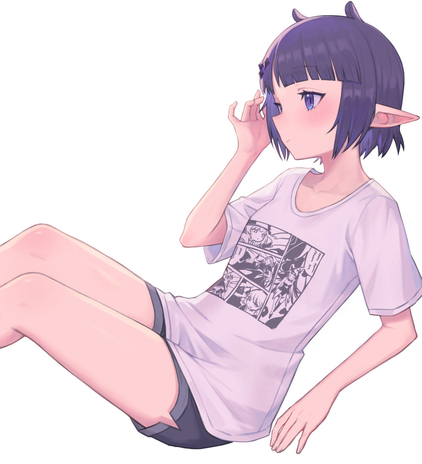 1girl absurdres black_shorts blunt_bangs blush closed_mouth collarbone commentary_request eyelashes hair_ornament hand_up highres hololive hololive_english kiwwwwwi knees_up ninomae_ina'nis ninomae_ina'nis_(5th_costume) official_alternate_costume pointy_ears print_shirt purple_eyes purple_hair shirt short_hair short_shorts short_sleeves shorts sidelocks simple_background sitting solo t-shirt virtual_youtuber white_background white_shirt