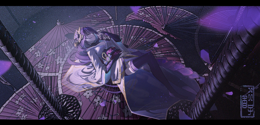 1girl absurdres artist_name breasts bridal_gauntlets closed_eyes genshin_impact hair_ornament hand_in_own_hair hand_up highres japanese_clothes katana kimono letterboxed long_hair long_sleeves lying mole mole_under_eye obi obiage obijime oil-paper_umbrella on_back purple_hair purple_thighhighs raiden_shogun sash solo sword thighhighs tyhaya umbrella weapon wide_sleeves