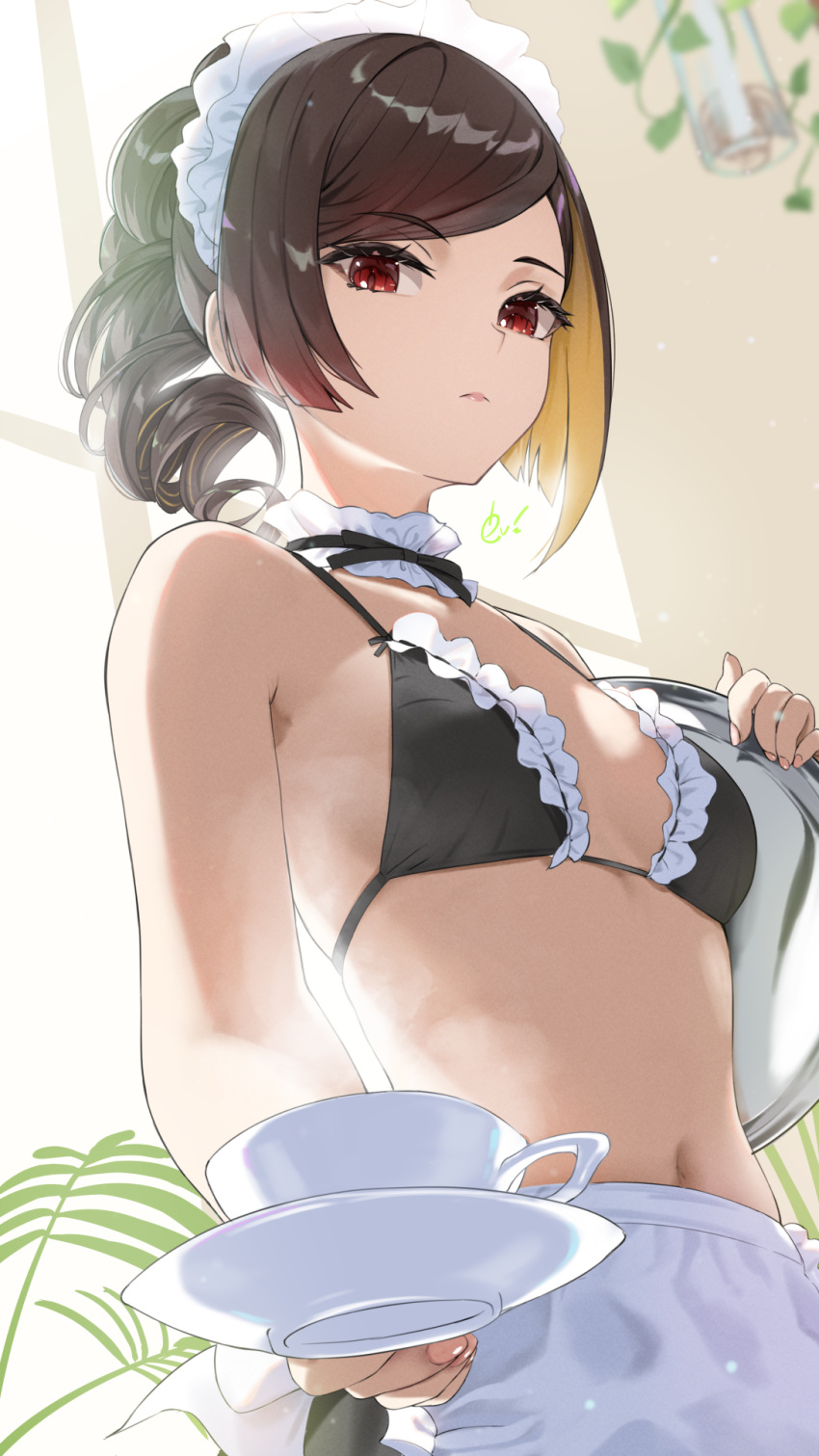 1girl apron bikini bikini_top_only black_bikini black_ribbon breasts brown_hair chiori_(genshin_impact) closed_mouth collar commentary_request cup drill_hair drill_ponytail ev_(dai00888) frilled_collar frills genshin_impact highres holding holding_plate holding_tray indoors long_hair looking_at_viewer maid maid_apron maid_bikini maid_headdress navel neck_ribbon plate red_eyes ribbon small_breasts solo swimsuit tray unconventional_maid waist_apron