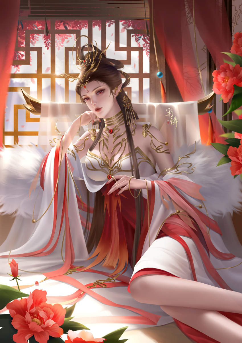 1girl absurdres artist_request bare_legs brown_hair cai_lin_(doupo_cangqiong) curtains doupo_cangqiong dress flower fur_trim hair_ornament hair_rings hand_on_own_chin highres jewelry long_hair lying pointy_ears red_eyes red_flower second-party_source solo white_dress window