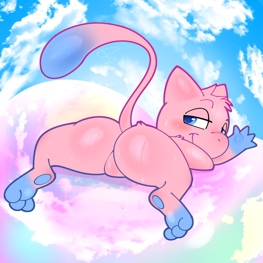 absurd_res anthro blush bodily_fluids butt generation_1_pokemon hi_res legendary_pokemon looking_at_viewer looking_back mew_(pokemon) nintendo pokemon pokemon_(species) softestpuffss sweat